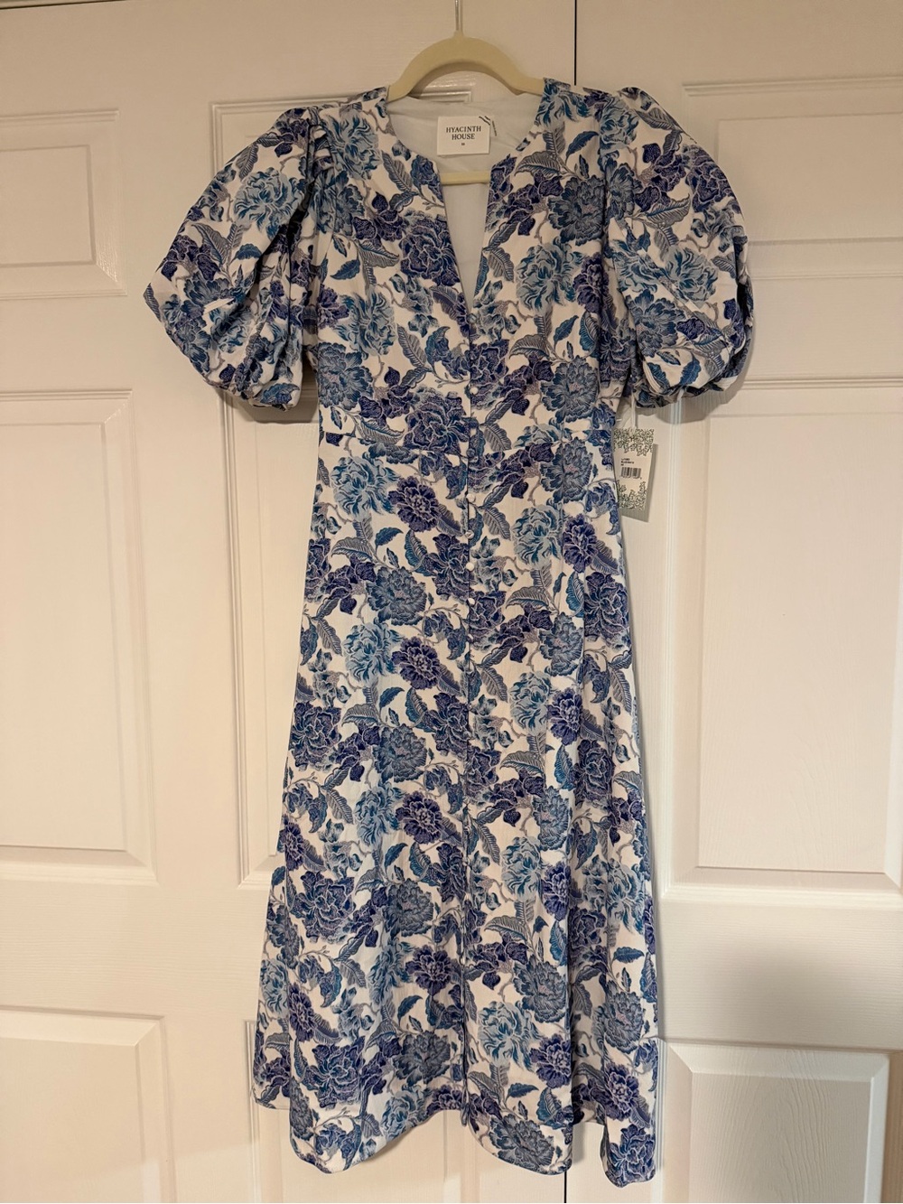 Hyacinth House White Midi Dress with Blue Floral Print and Puff Sleeves